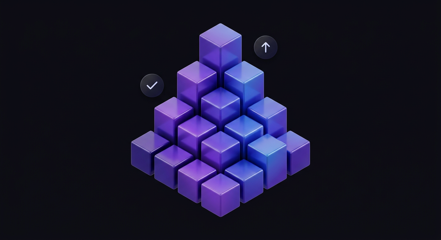 Isometric illustration of interlocking blocks assembling into a structured plan